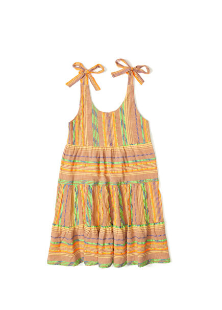 Turuncu Bej Desenli Kız Çocuk Elbise