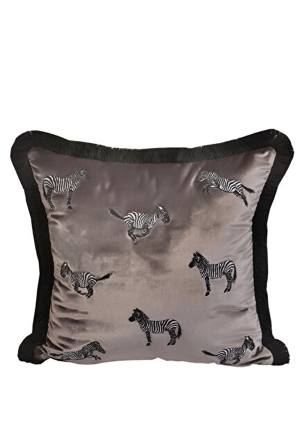 Dekoratif Zebra Nakış İşlemeli Siyah Püsküllü Gri Kadife Yastık Kılıfı 45 x 45 cm