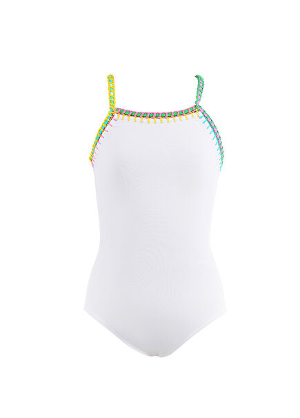 Colorful Crochet Hand Knitted Detailed Strappy White Girls' Swimsuit