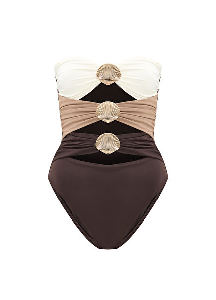 Marella Brunette Gold Seashell Accessory Windowed Strapless Women's Swimsuit