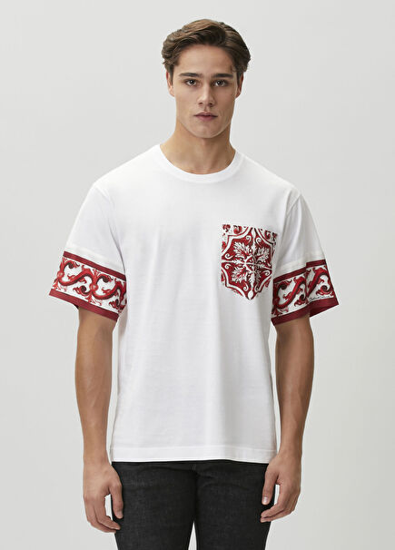 Red White Majolica Pattern Detailed T-Shirt