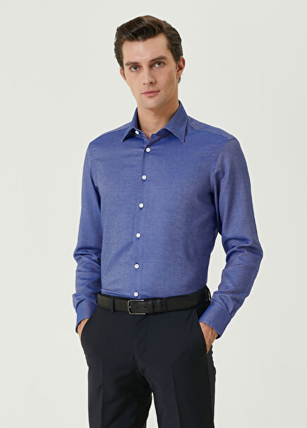 Comfort Fit Lacivert Armürlü Non-iron Gömlek