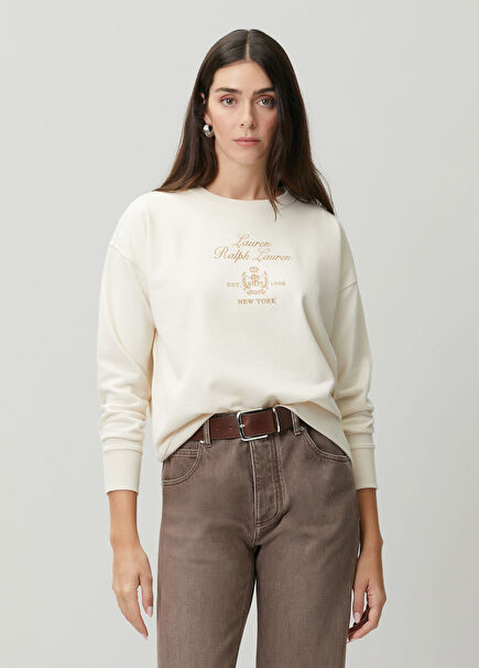 Krem Logo Nakışlı Sweatshirt
