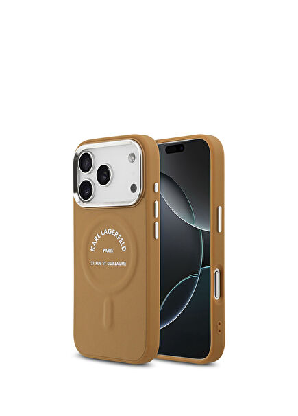 iPhone 17 Pro Max Paris RSG Brown PU Leather Magsafe Compatible Phone Case with Metal Camera and Button Design