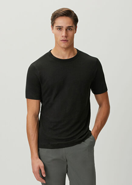 Regular Fit Roman Siyah Keten T-shirt