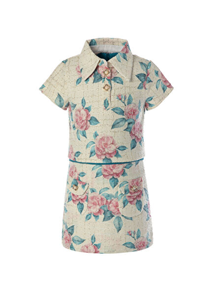 Çiçek Desenli Kırık Beyaz Tüvit Etek ve Kısa Kollu Bluz Kız Çocuk 2'li Set