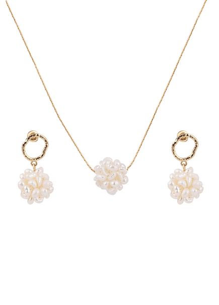 Liva No: 1 Gold Plated Pearl Women's Necklace and Earrings Set