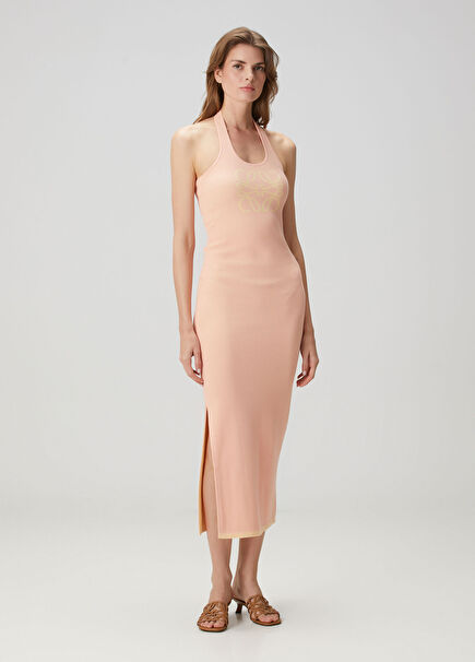 Pembe Sarı Logolu Midi Elbise