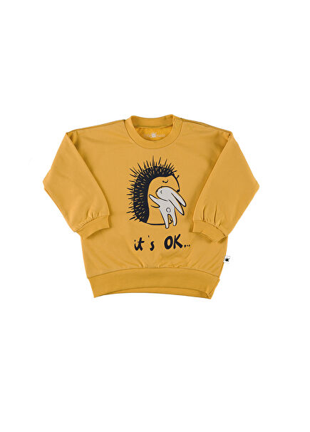 Grow Golden Sarı Kirpi Desenli Yuvarlak Yaka Unisex Çocuk Sweatshirt