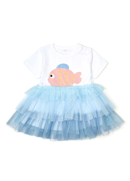 Beyaz Mavi Kız Bebek Elbise