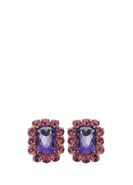 Square Rose Lavender Crystal Altın Kaplama Küpe
