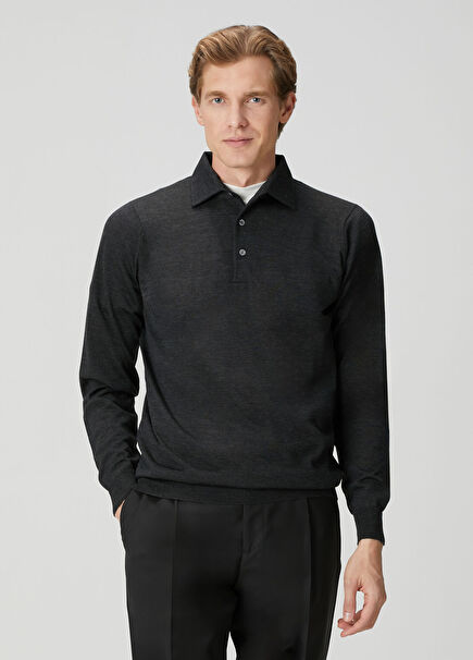 Koyu Gri Polo Yaka Yün Triko