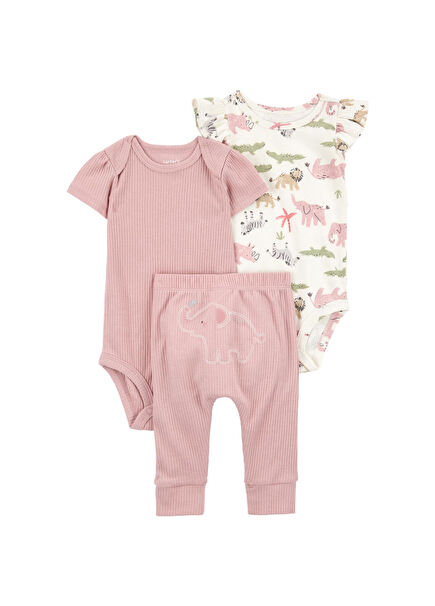 Layette Pembe Kısa Kollu Body ve Pantolon Kız Bebek 3'lü Set