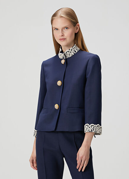 Navy Blue Lace Detailed Wool Jacket