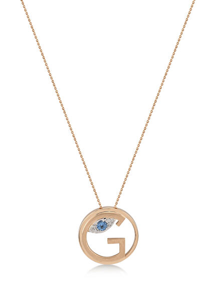 Me Midi “G” Harf Kolye Mavi Topaz Taşlı 14 Ayar Pembe Altın Pırlanta Kolye