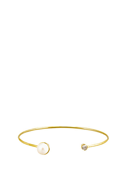 Beyaz İnci Detaylı 14 Ayar Altın Kaplama Gümüş Kadın Kelepçe Bileklik