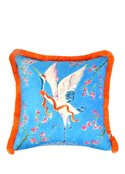 Turna Desenli Turkuaz Kadife Dekoratif Kırlent Kılıfı 45 x 45 cm