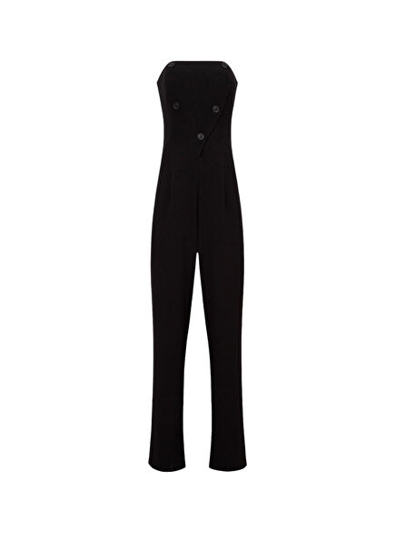 Black Strapless Collar Double Breasted Buttoned Front Women's Long Jumpsuit