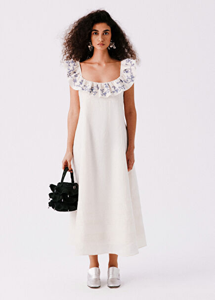 Lucia Embroidered Floral Ruffled Collared Dress with Horizontal Rib Detail at Hem White Women's Dress