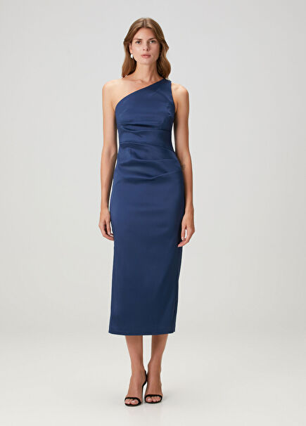 Navy Blue One Shoulder Midi Cocktail Dress