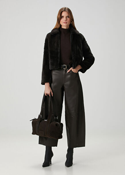 Jett Koyu Kahverengi Wide Leg Deri Pantolon