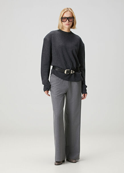 Kahve Gri Çizgili Yün Pantolon