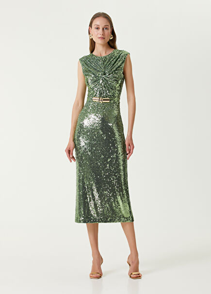 Knot Buckle Detail Belted Green Women's Dress