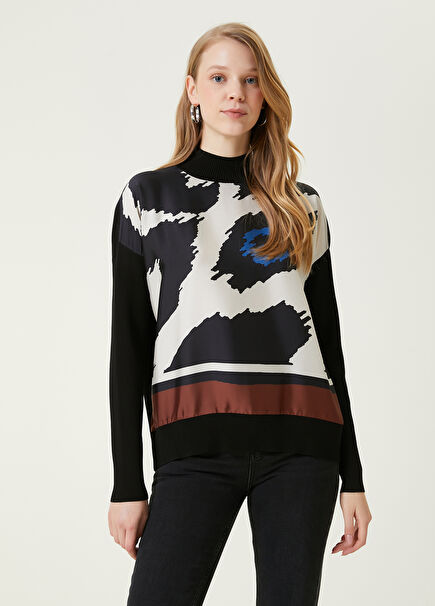 Black Patterned Twill Trimmed Sweater