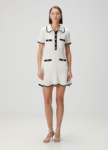 Ecru Navy Blue Striped Mini Knit Dress