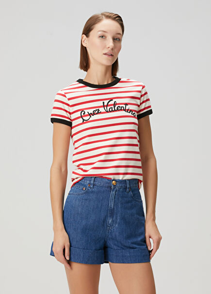 Chez Valentino Kırmızı Çizgili T-shirt