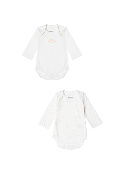 Zarf Yaka Çıtçıtlı Beyaz Uzun Kollu Unisex Bebek 2'li Body Set
