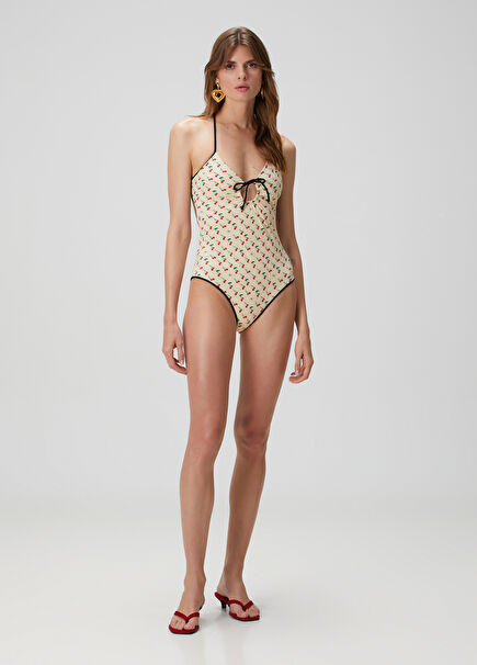 Cream Cherry Printed Swimsuit