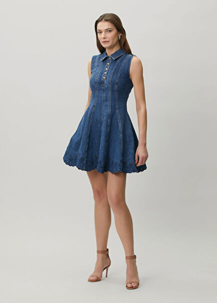 Mavi Nakış İşlemeli Mini Denim Elbise