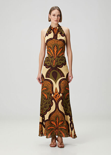 Finding Peace Green Print Maxi Silk Dress