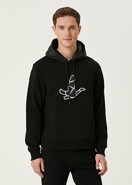 Siyah Kapüşonlu Logo Nakışlı Sweatshirt
