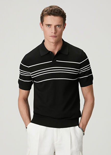 Black And White Line Detail Polo Knitwear