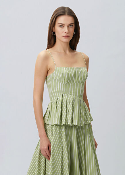 Yeşil Çizgili Peplum Detaylı Bluz