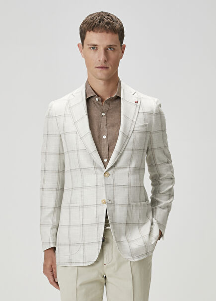Beige Plaid Pattern Wool Jacket