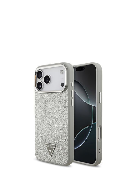 iPhone 17 Pro Max Glitter Grey Magsafe Compatible Phone Case with Metal Camera Frame Triangle Logo
