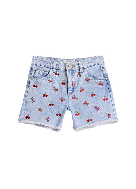 Blue Cherry Patterned Cotton Girls' Shorts