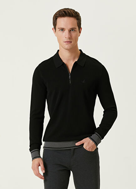 Siyah Polo Yaka Logo Nakışlı Triko