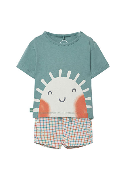 Güneş Desenli Yeşil Pamuklu Kısa Kollu T-shirt ve Şort Erkek Bebek 2'li Set