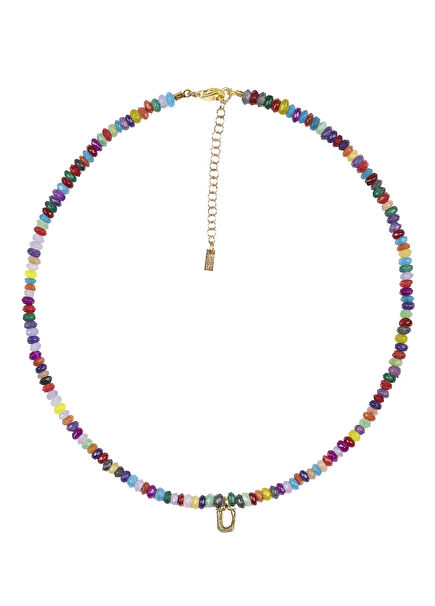 Mixed Color Jade 925 Sterling Silver Women's Necklace with Letter U