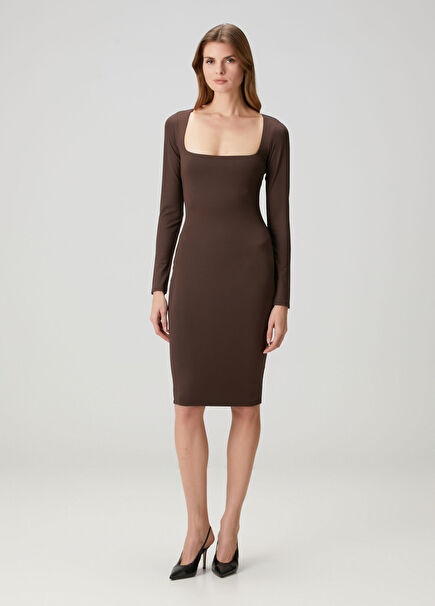 Square Neck Kahverengi Midi Elbise