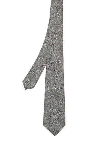 Grey Paisley Patterned Silk Tie