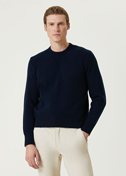 Navy Blue Logo Jacquard Wool Sweater
