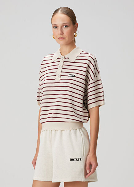 Loose Fit Beige Striped Polo Sweater