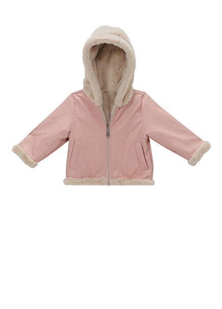Pembe Kapüşonlu Çift Taraflı Unisex Çocuk Kaban
