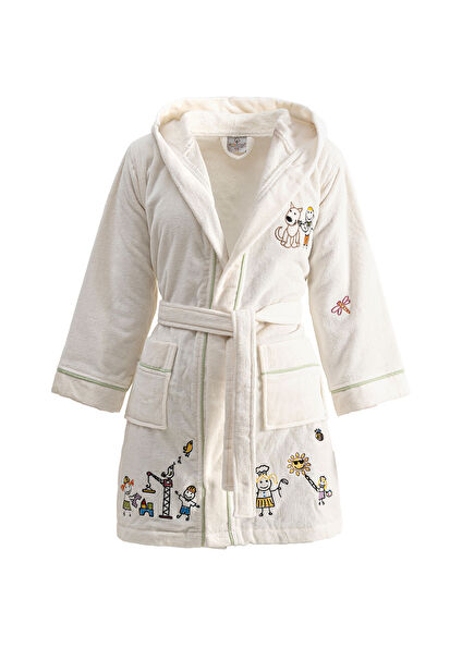 Carnaval %100 Organik Pamuk Nakışlı Krem Unisex Çocuk Bornoz