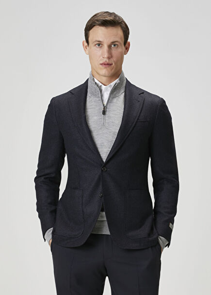 Dark Navy Blue Micro Patterned Wool Jacket